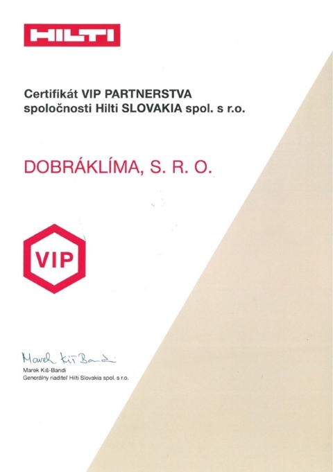 Certifikát VIP Partnerstva s HILTI