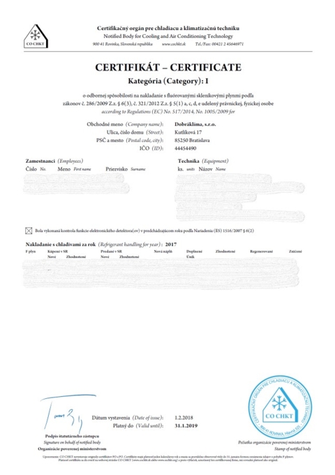 Certifikát o odbornej spôsobilosti nakladať so fluorovanými skleníkovými plynmi