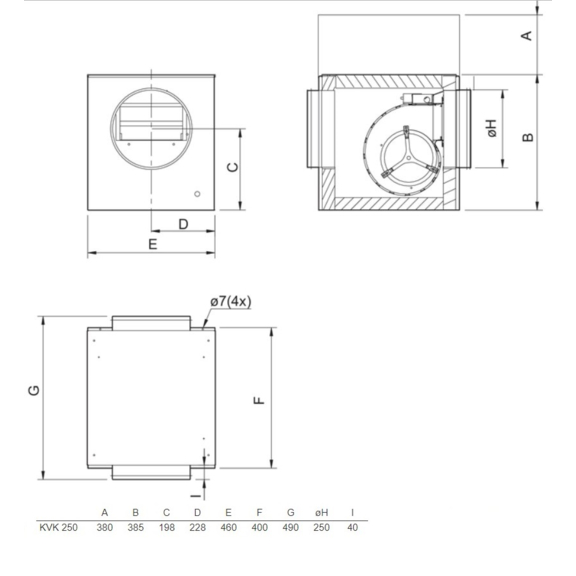 Systemair KVK 250 kruhový ventilátor - rozmery