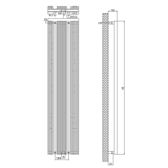 RADOX Invisible 40 Wood vodný dizajnový radiátor - technický náčrt