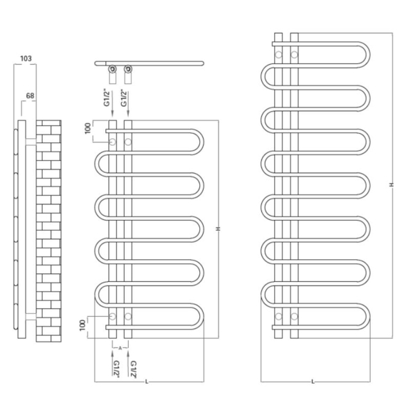 RADOX River vodný dizajnový radiátor - technický náčrt