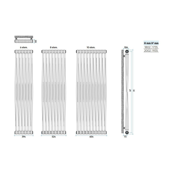 IRSAP Tesi Memory oceľový článkový radiátor - rozmery