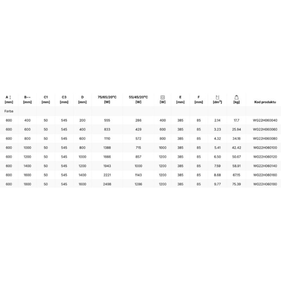 TERMA Solid H dizajnový radiátor - rozmery