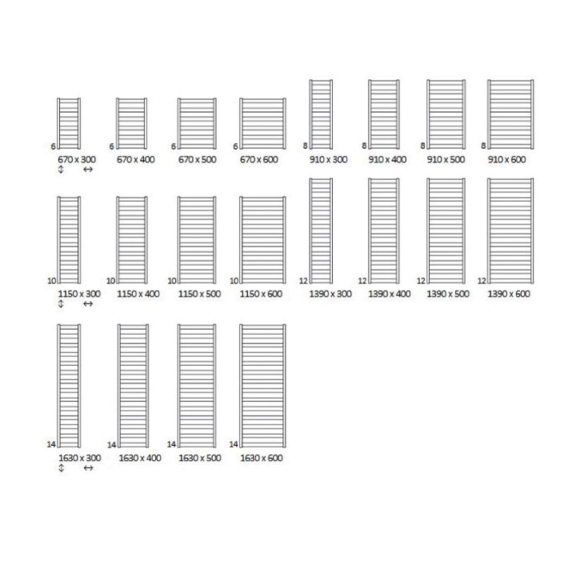 TERMA Vivo kúpeľňový radiátor Dostupné veľkosti
