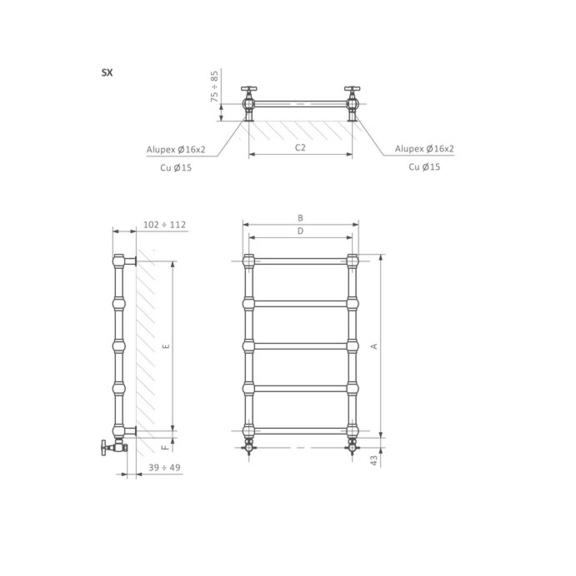 TERMA Retro dizajnový radiátor - rozmery - Schéma