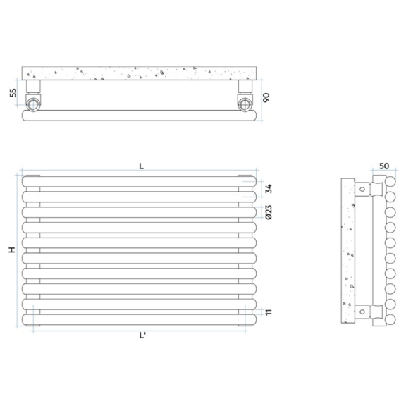 IRSAP Arpa 23 horizontálny dizajnový radiátor  - Technický náčrt