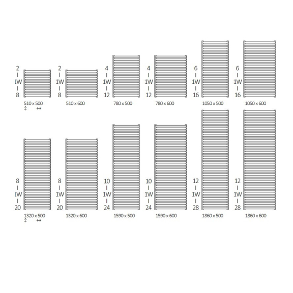TERMA City elektrický kúpeľňový radiátor Dostupné veľkosti