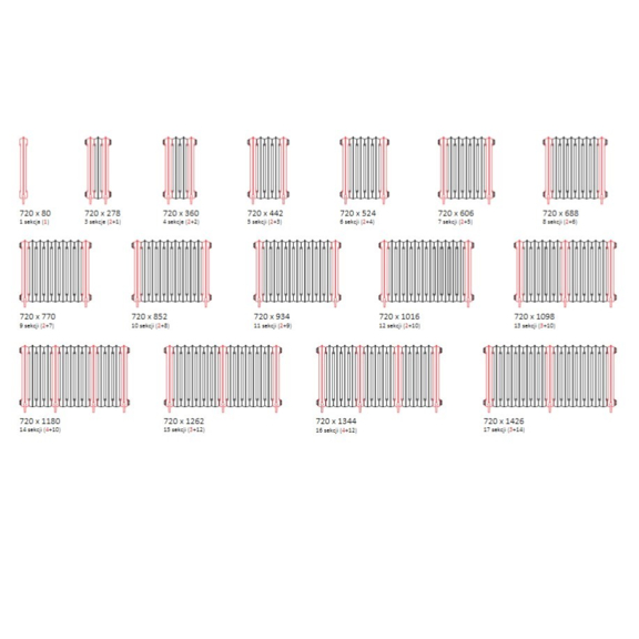 TERMA Kaszub retro radiátor stojaci na zem Dostupné rozmery