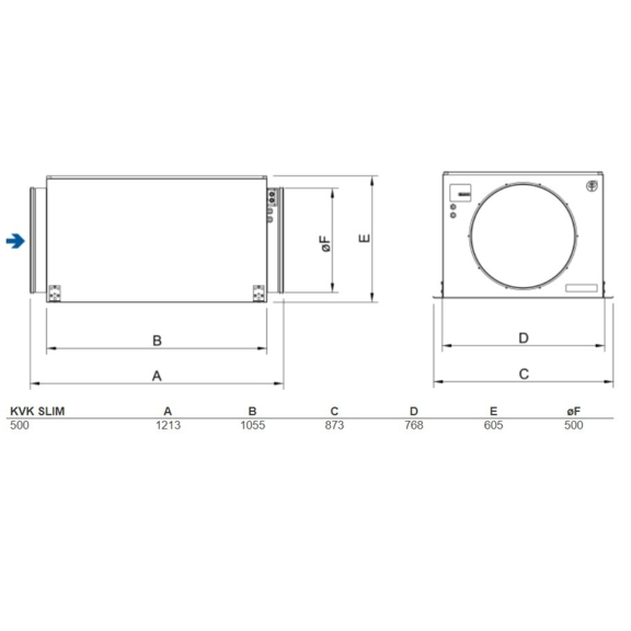 Systemair KVK Slim 500 kruhový ventilátor - rozmery