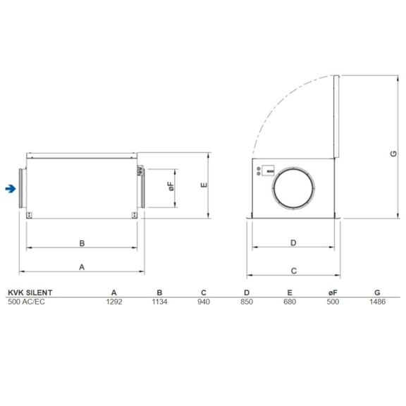 Systemair KVK Silent 500 kruhový ventilátor - rozmery