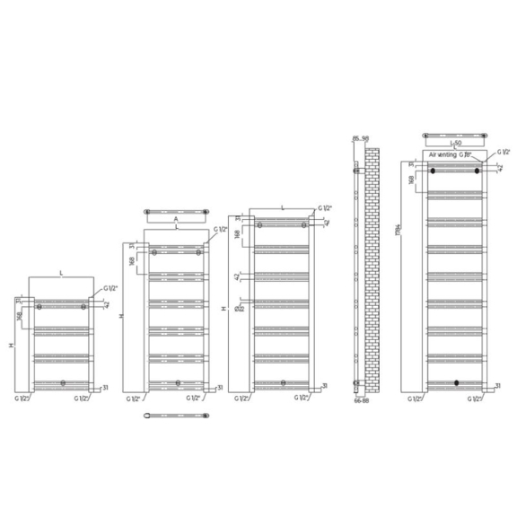 RADOX Polter vodný dizajnový radiátor - technický náčrt