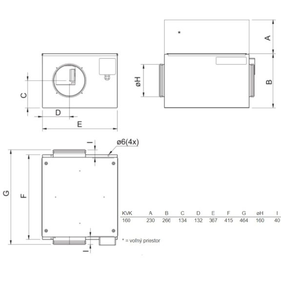 Systemair KVK 160 L kruhový ventilátor - rozmery