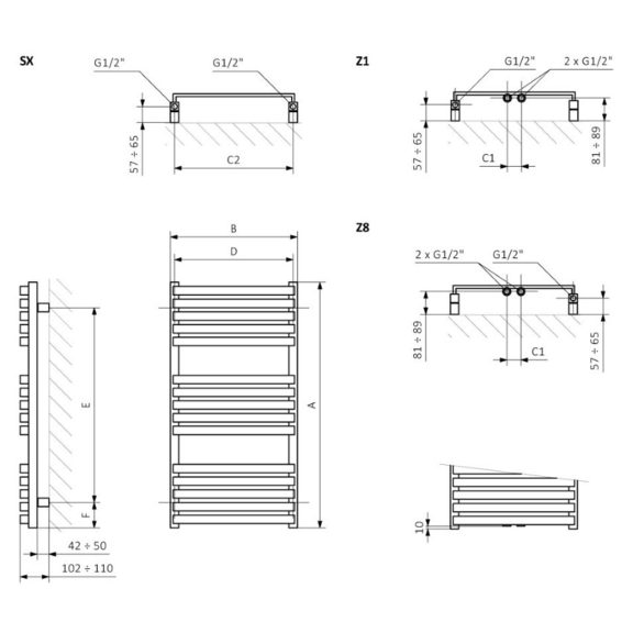 TERMA Quadrus Slim dizajnový radiátor - Schéma rozmerov