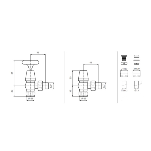 Terma Wood rohová regulačná sada ventilov- rozmery