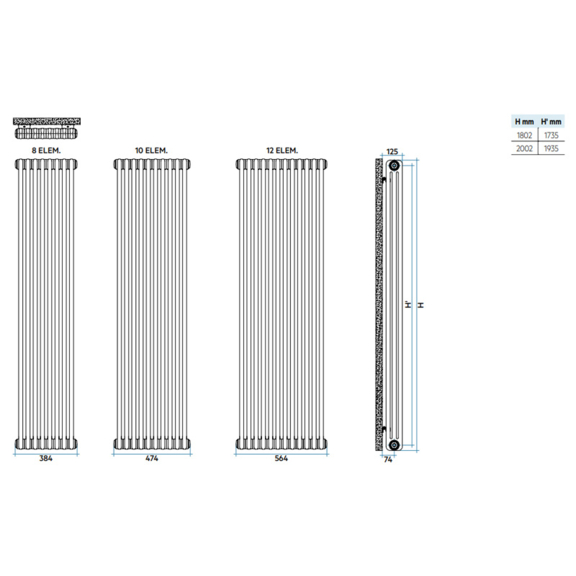 IRSAP Tesi 3 Chrome Plated chrómový oceľový článkový radiátor - rozmery