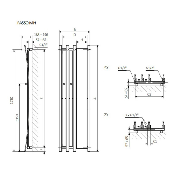 Terma Passo MH dizajnový radiátor so zrkadlom - rozmery