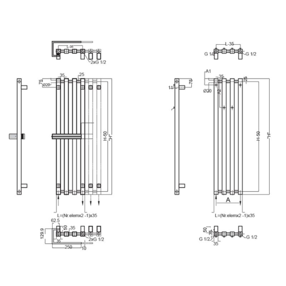 RADOX Kolona SP35 vodný dizajnový radiátor - technický náčrt