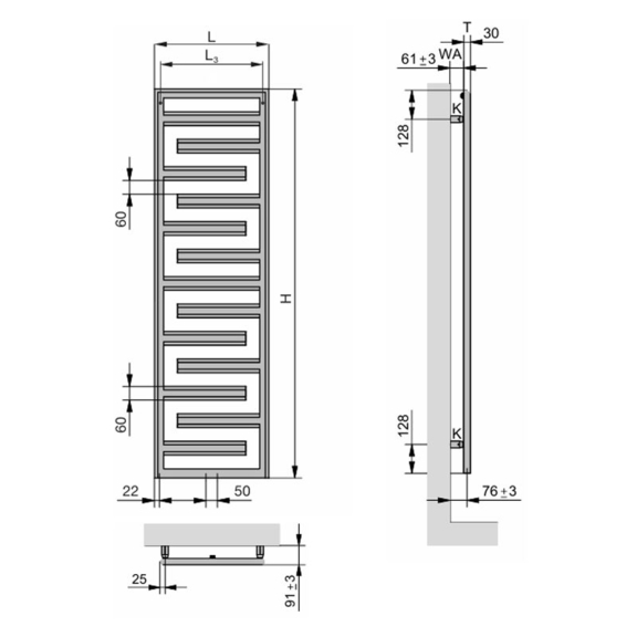 Zehnder Tetris dizajnový radiátor - rozmery