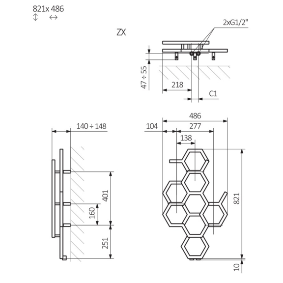 TERMA Hex dizajnový radiátor 821x486mm Schéma