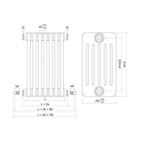 IRSAP Tesi 6 oceľový článkový radiátor - rozmery