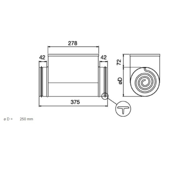 Systemair CB 250-3,0 elektrický ohrievač do kruhového potrubia - rozmery