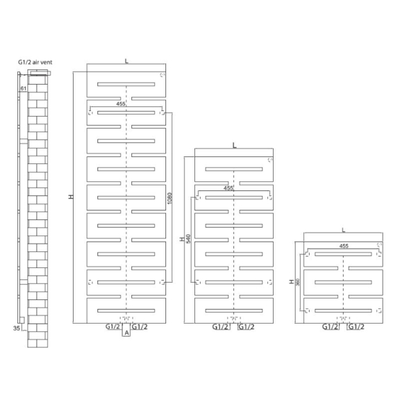 RADOX Lya vodný dizajnový radiátor - technický náčrt