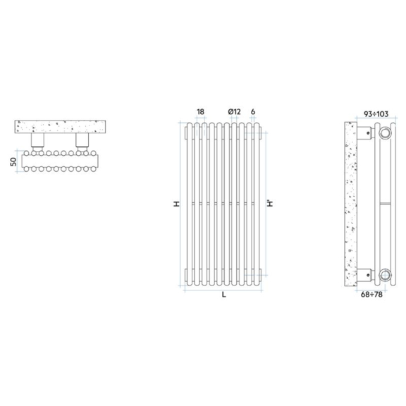 IRSAP Arpa 12 2 vertikálny dizajnový radiátor - Technický náčrt