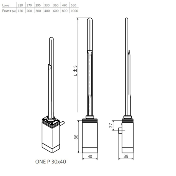Elektrický regulátor Terma ONE P - rozmery