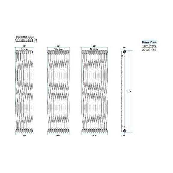 IRSAP Tesi Join oceľový článkový radiátor - rozmery