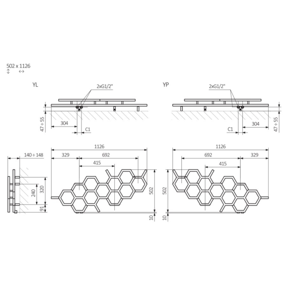 TERMA Hex dizajnový radiátor 502x1126mm Schéma