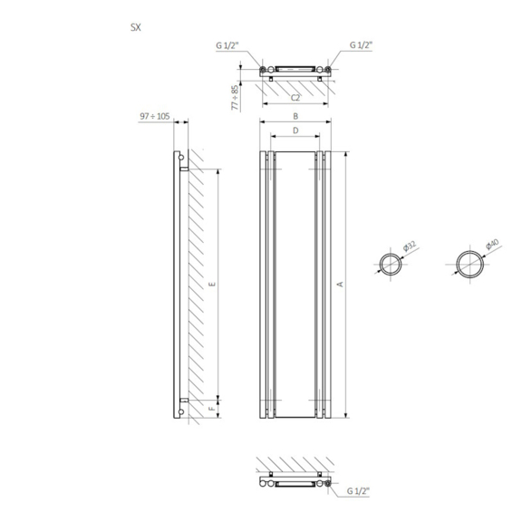 Terma Rolo Mirror dizajnový radiátor so zrkadlom - rozmery