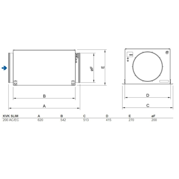 Systemair KVK Slim 200EC kruhový ventilátor - rozmery