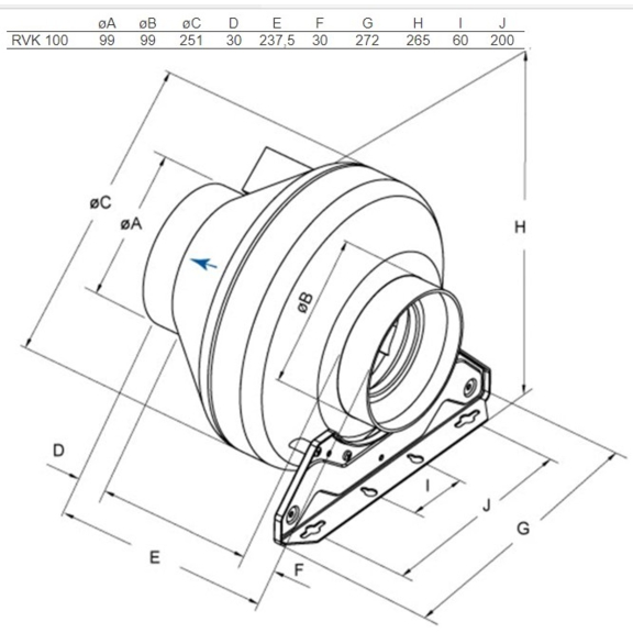 Systemair RVK 100E2 sileo kruhový ventilátor - rozmery
