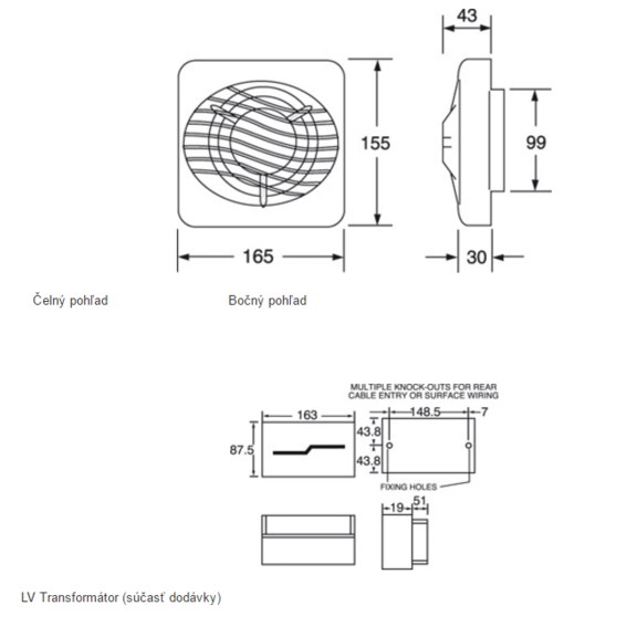 Ventilátor Xpelair LV 100 - rozmery