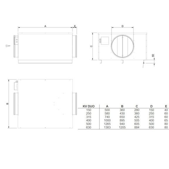 Systemair KV DUO 150 EC kruhový ventilátor - rozmery