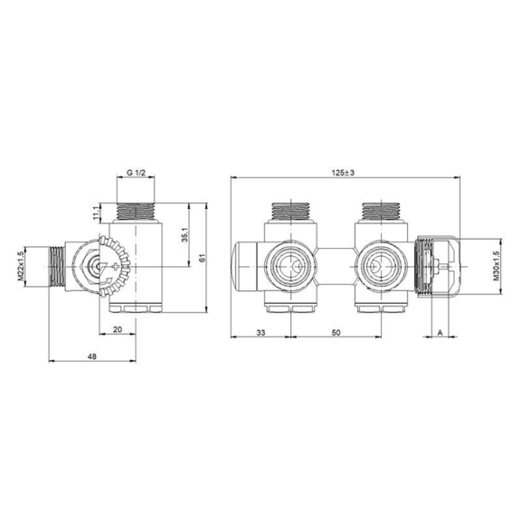Terma INTEGRA DUO ALL IN ONE rohová stredová termostatická sada s T-kusom - technický nákres
