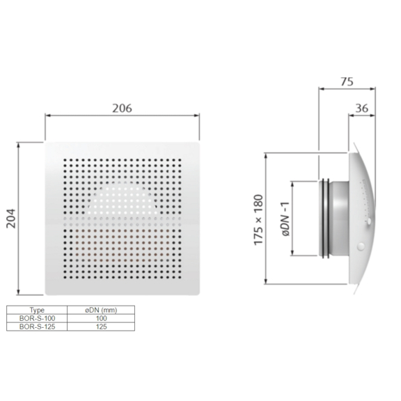 BOR-S 100 stenový difúzor - rozmery
