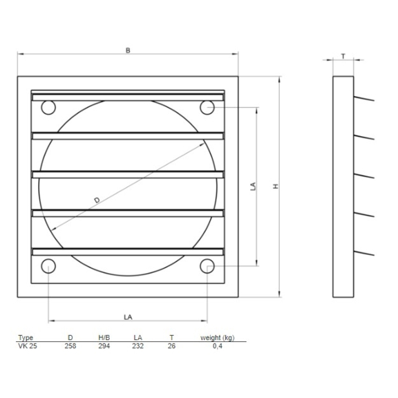 Systemair VK-25 žalúzia - rozmery