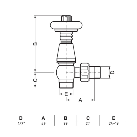 Terma Wood rohová termostatická sada ventilov - rozmery