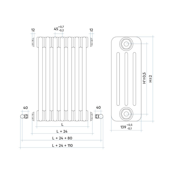 IRSAP Tesi 4 oceľový článkový radiátor - rozmery