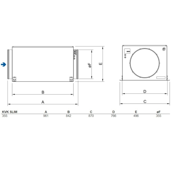 Systemair KVK Slim 355 kruhový ventilátor - rozmery