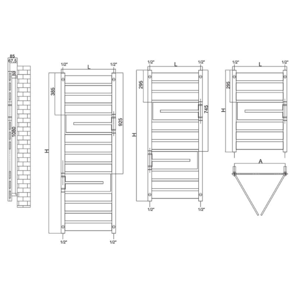 RADOX Apollo Flexi vodný dizajnový radiátor - technický náčrt