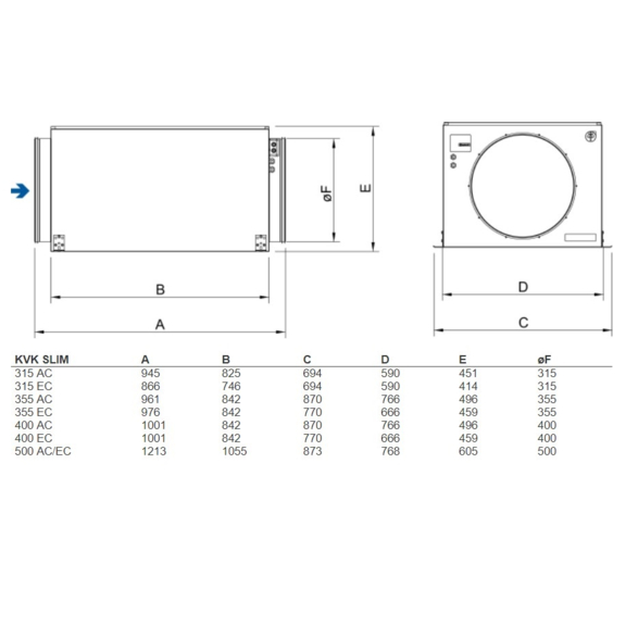 Systemair KVK Slim 315EC kruhový ventilátor - rozmery