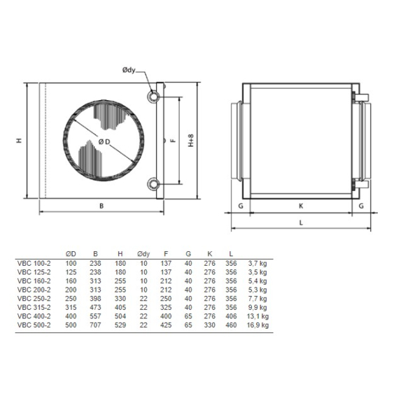 Systemair VBC X-2 vodný ohrievač pre kruhové potrubie - Rozmery
