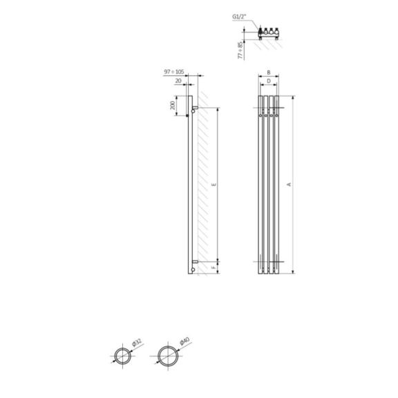 TERMA Rolo Hanger E dizajnový radiátor - rozmery