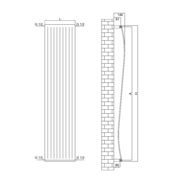 RADOX Wave vodný dizajnový radiátor - technický náčrt