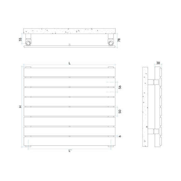 IRSAP Piano Horizontal dizajnový radiátor - Technický náčrt