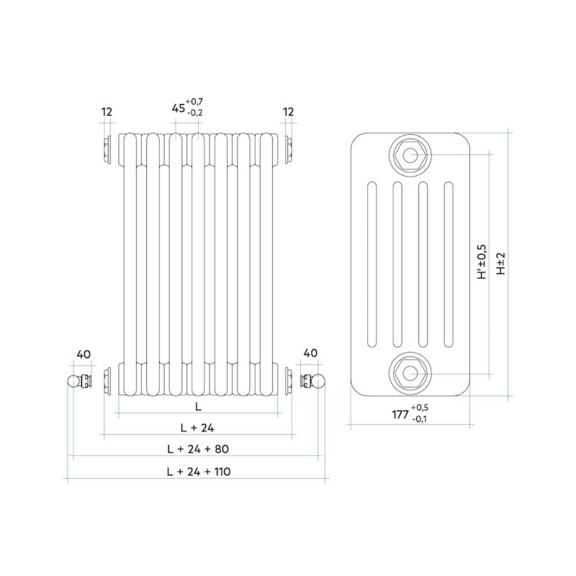 IRSAP Tesi 5 oceľový článkový radiátor - rozmery