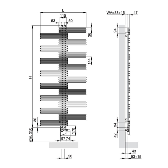 Zehnder Yucca dizajnový radiátor - rozmery