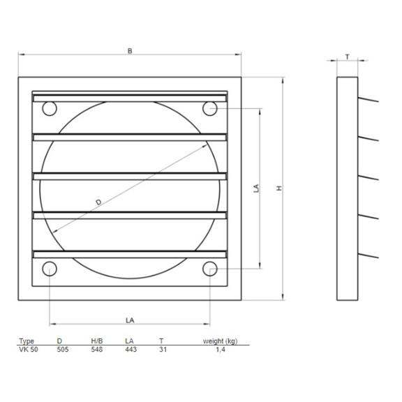 Systemair VK-50 žalúzia - rozmery